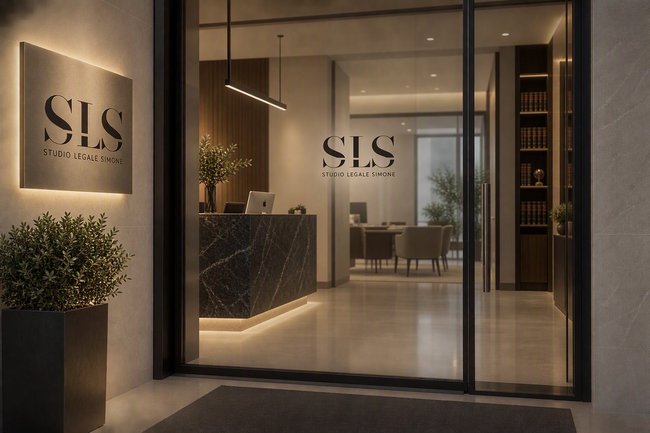 Immagine illustrativa generata con intelligenza artificiale: l’ingresso di uno studio legale con l’insegna SLS Studio Legale Simone, la reception e una sala riunioni